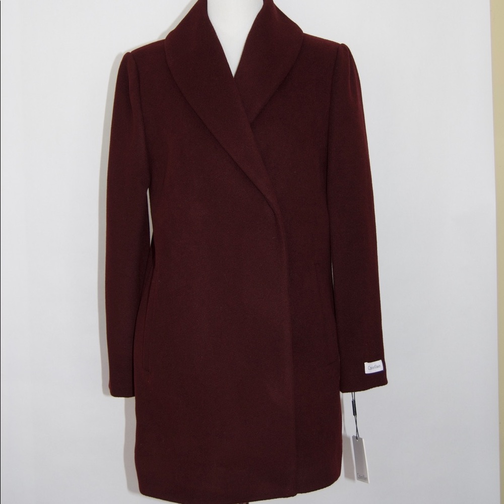 Calvin Klein Burgundy Wool Coat w/ Faux Fur Lining